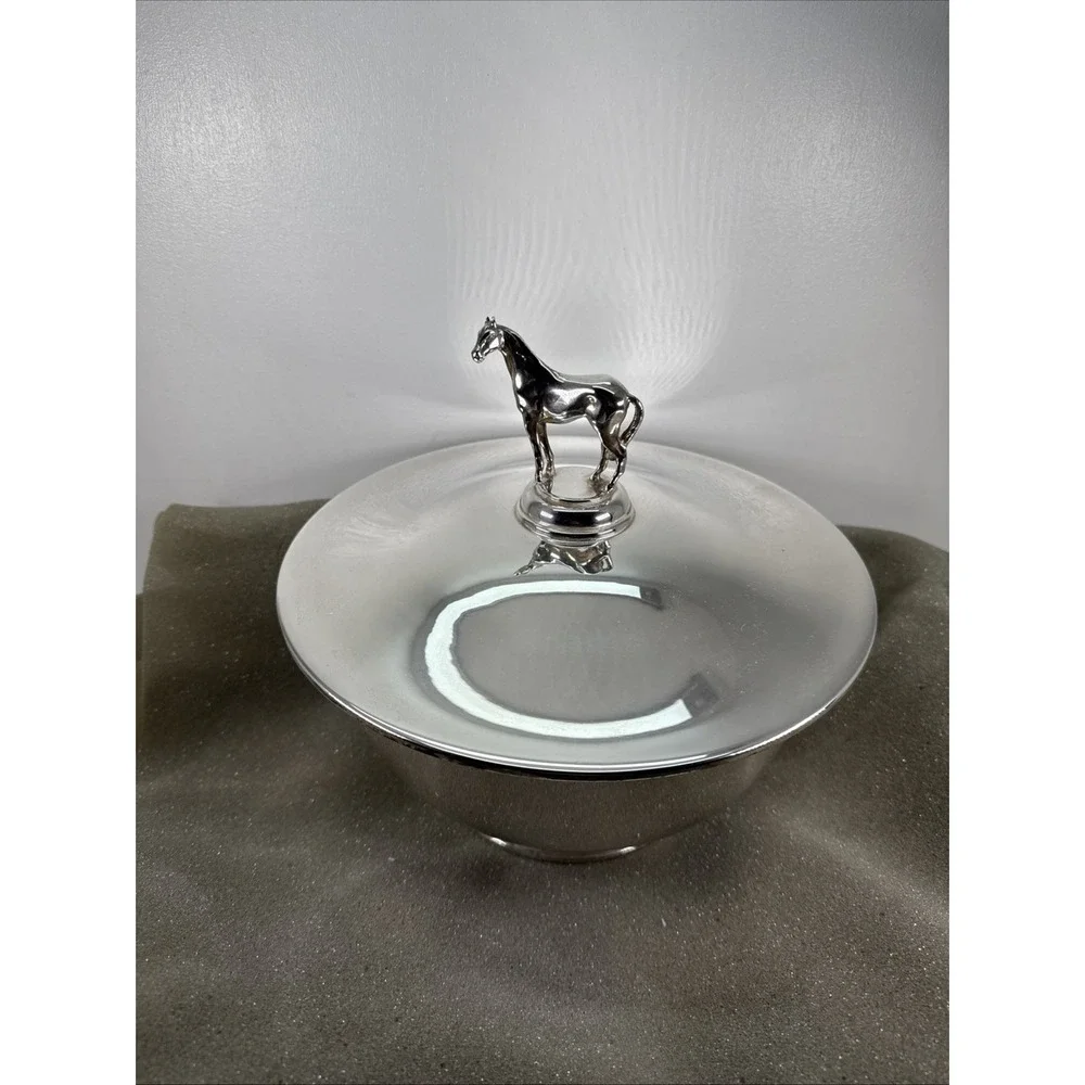 Authentic Vintage silver horse racing bowls Costume Horse On The Lid Unique.